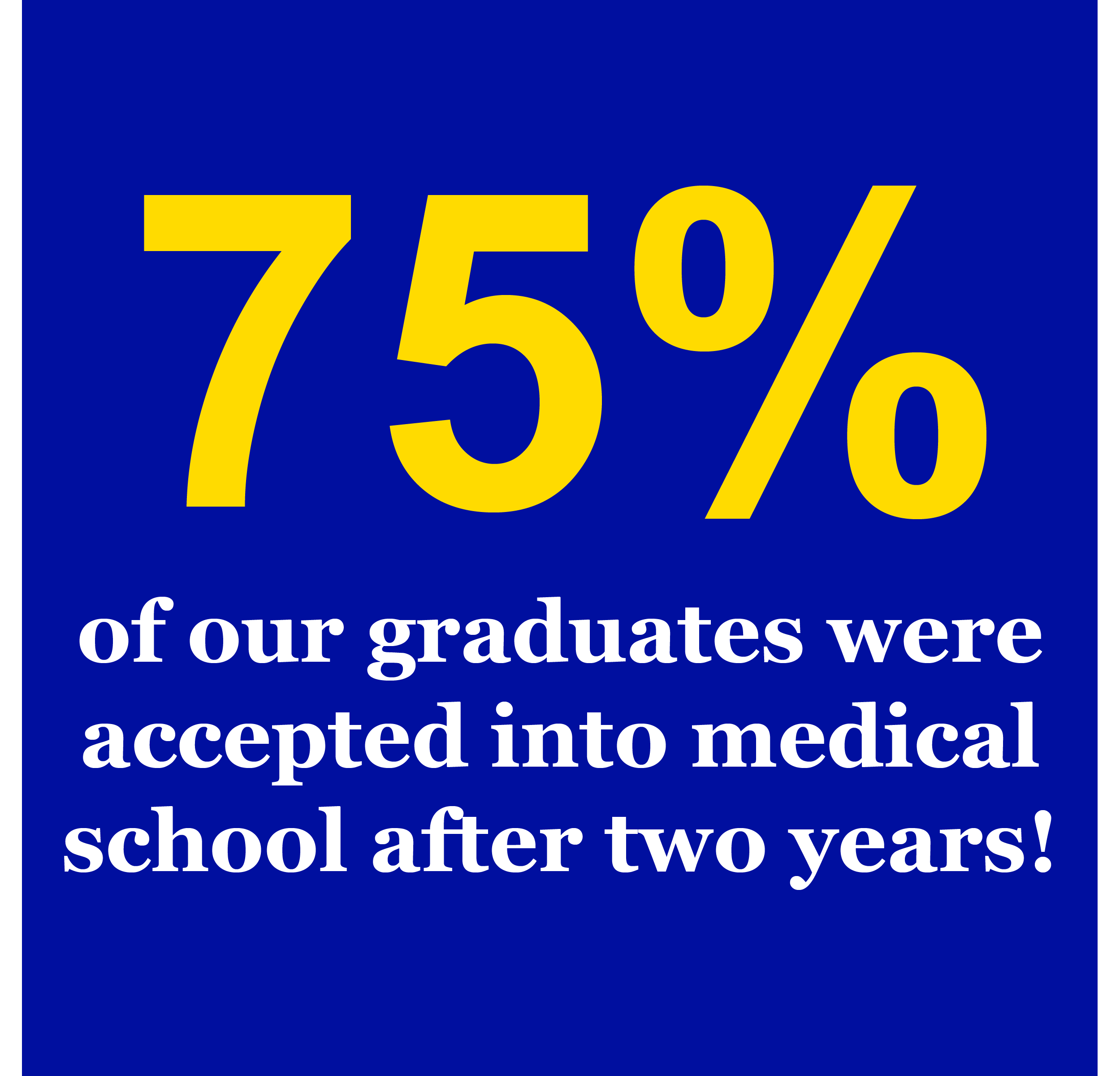 75% of our graduates were accepted into medical school after two years!