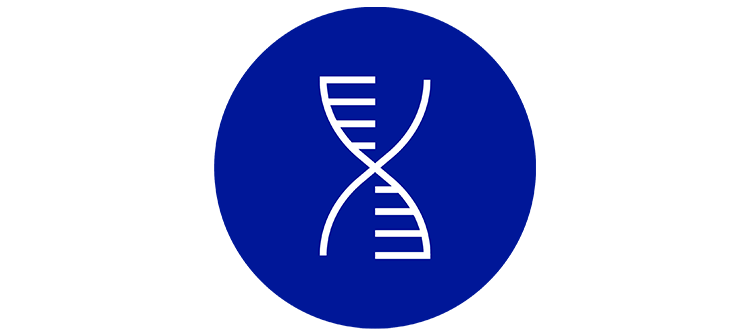  Icon graphic showing a white DNA molecule on a blue background