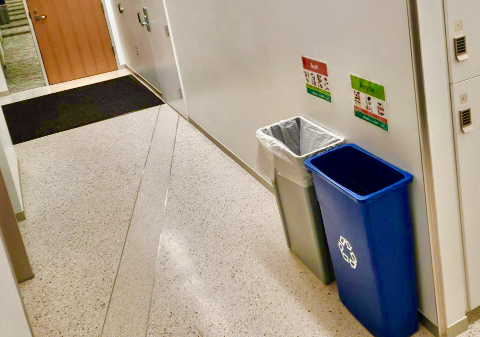recycling bin in hallway