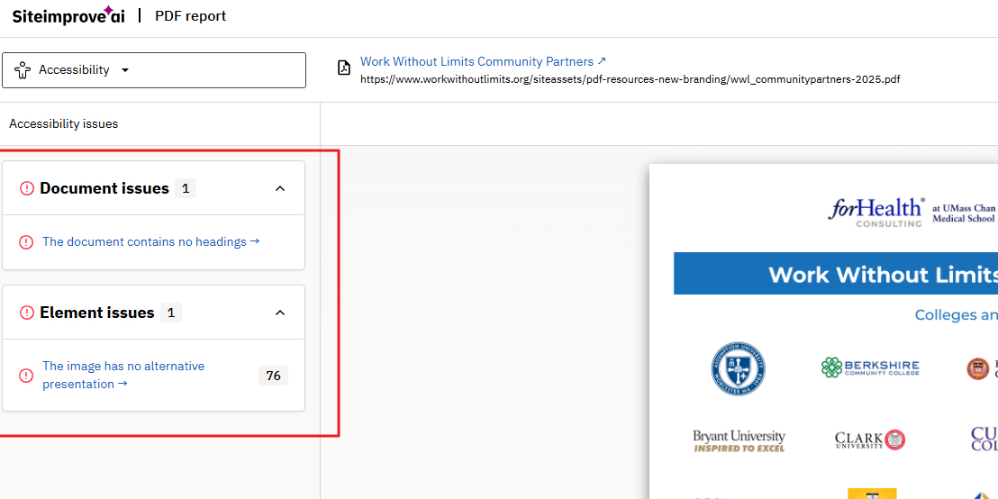 reviewing PDF errors in Siteimprove