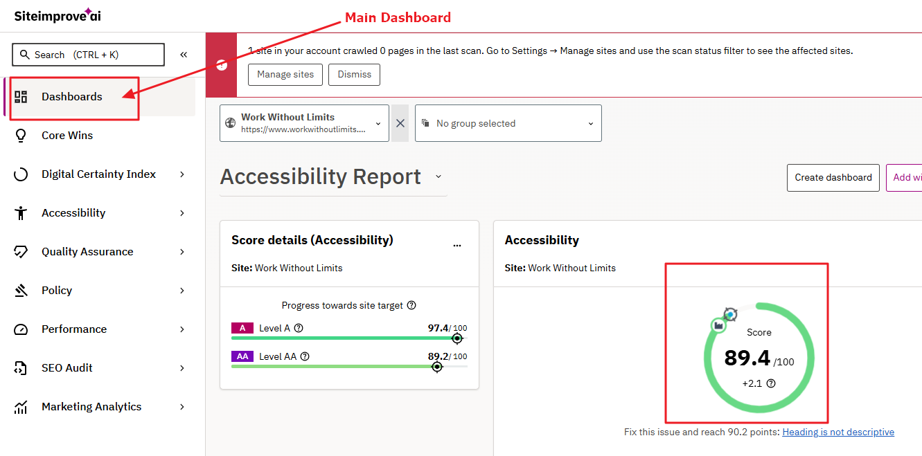 Siteimprove main dashboard -showing the Dashboard link in the side menu