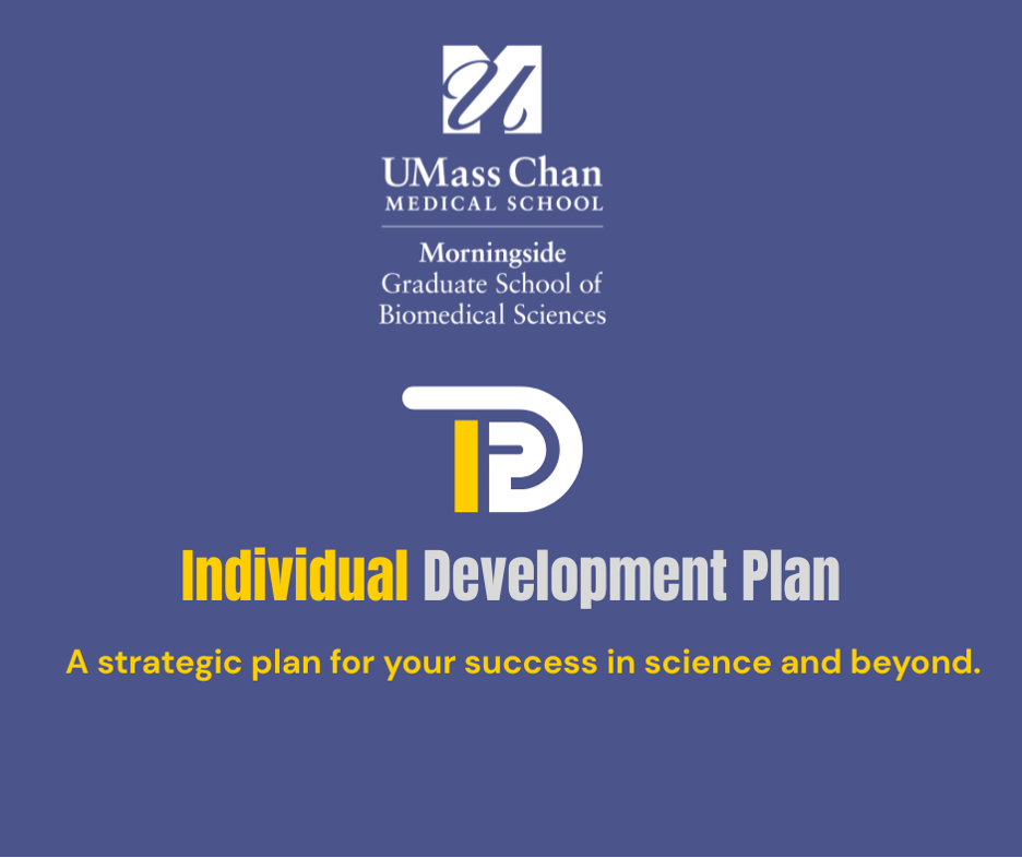 Graphic with a blue background featuring the UMass Chan Medical School logo and the text ‘Morningside Graduate School of Biomedical Sciences.’ Below is a stylized ‘IDP’ logo. Large text reads ‘Individual Development Plan,’ with ‘Individual’ in yellow and ‘Development Plan’ in white. At the bottom, yellow text states: ‘A strategic plan for your success in science and beyond.