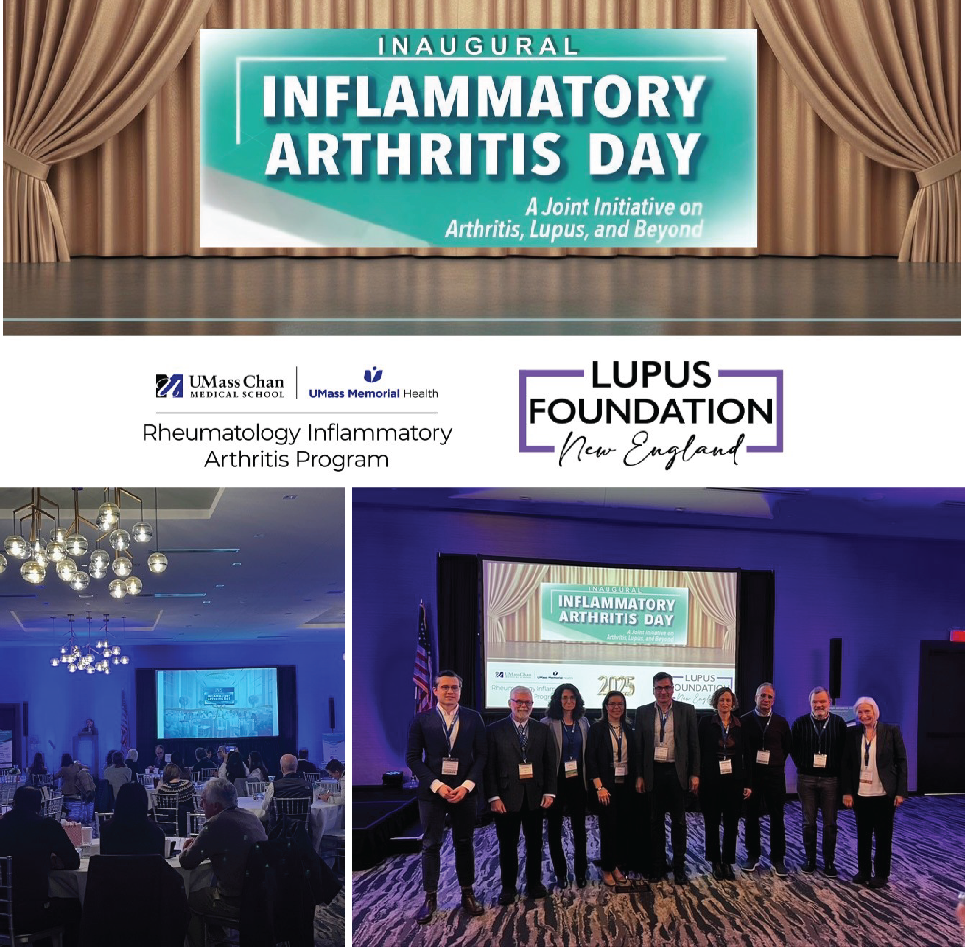 Images of Inflammatory Arthritis Day, one is a group photo of the organizers and one is a photo of the room of attendees