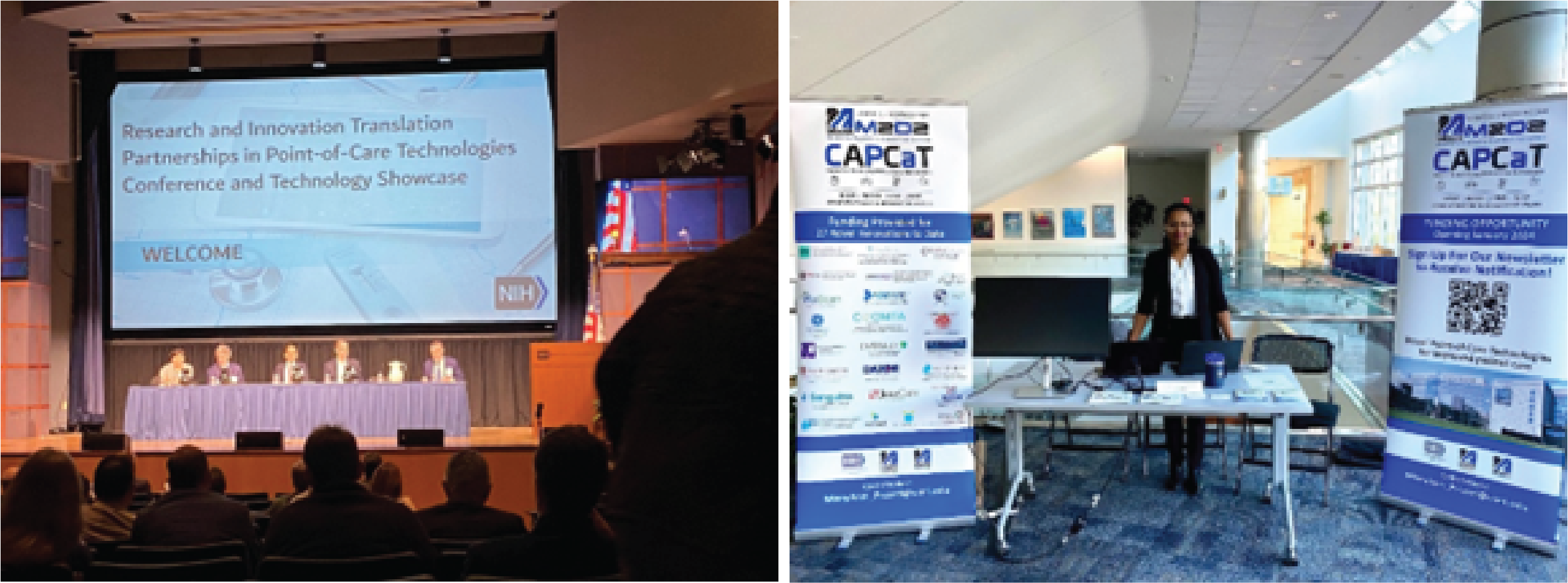 An image of people presenting at a panel at the Point-Of-Care Tech Event and an image of a person standing at a table with CAPCaT handouts and information