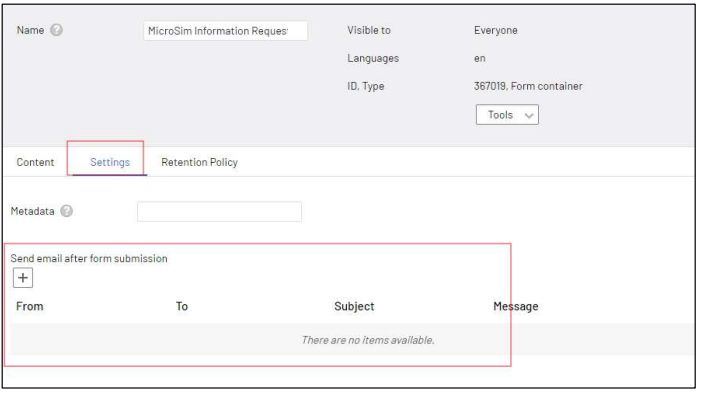 create an email on the settings tab in all properties view