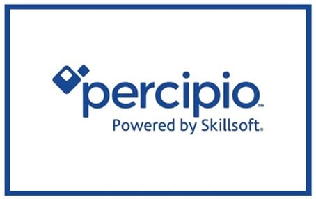 Logo for Percipio, featuring a blue geometric icon followed by the word ‘Percipio’ in lowercase blue letters. Below it appears the tagline ‘Powered by Skillsoft.’ The logo is centered within a blue rectangular border on a white background.