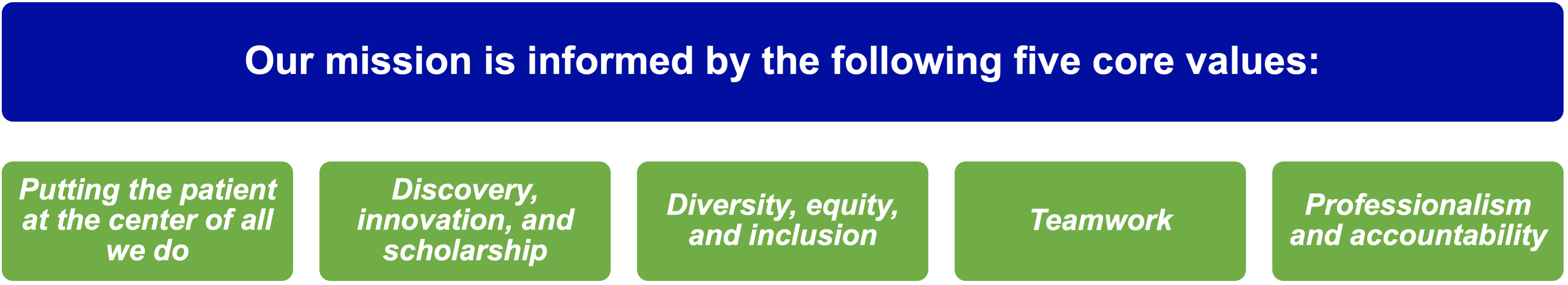 department core values: patient centered care, discovery innovation and scholarship, DEI, teamwork, professionalism and accountability