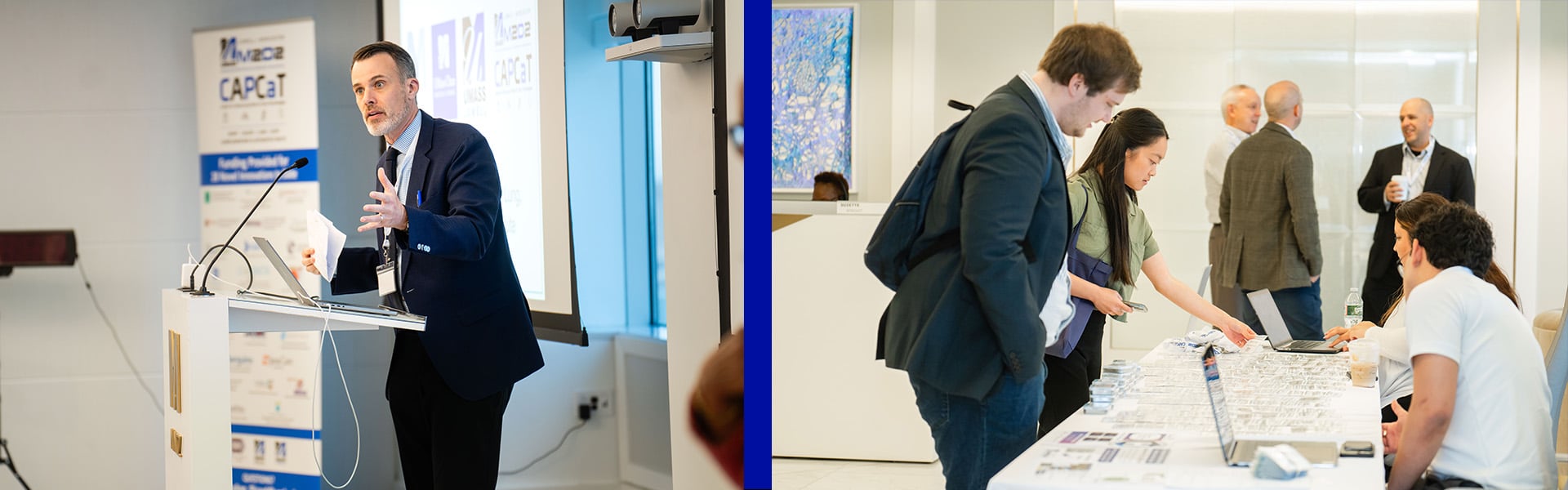 Image on the left: An image of Dr. McManus speaking at a CAPCaT event. Image on the right: Participants checking in at the CAPCaT event