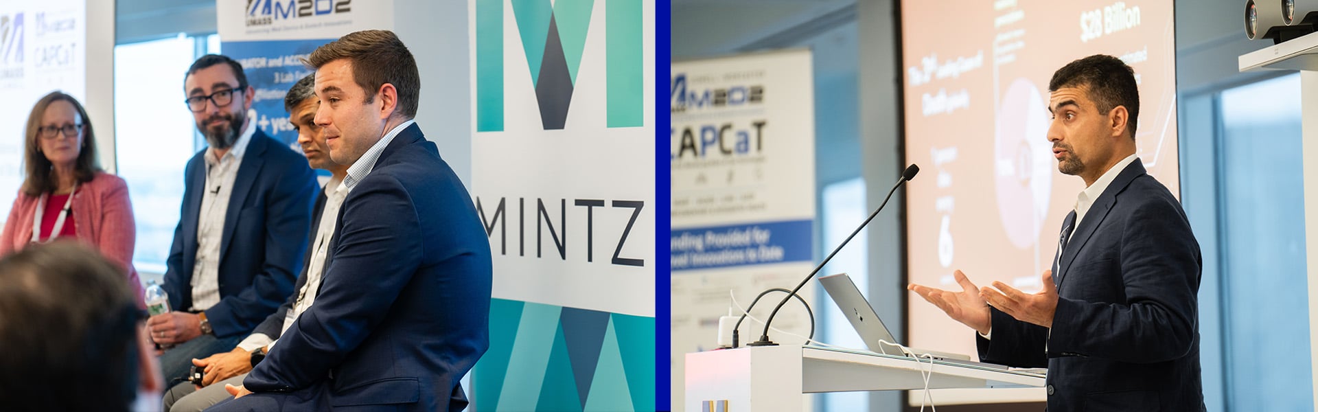 Left image: An image of speakers sitting on stage. Right image: A speaker standing at a microphone