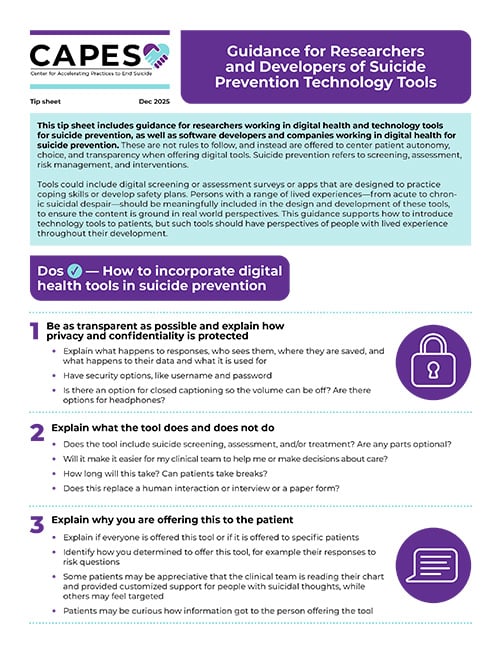 Guidance for Researchers and Developers of Suicide Prevention Technology Tools Tip Sheet Thumbnail