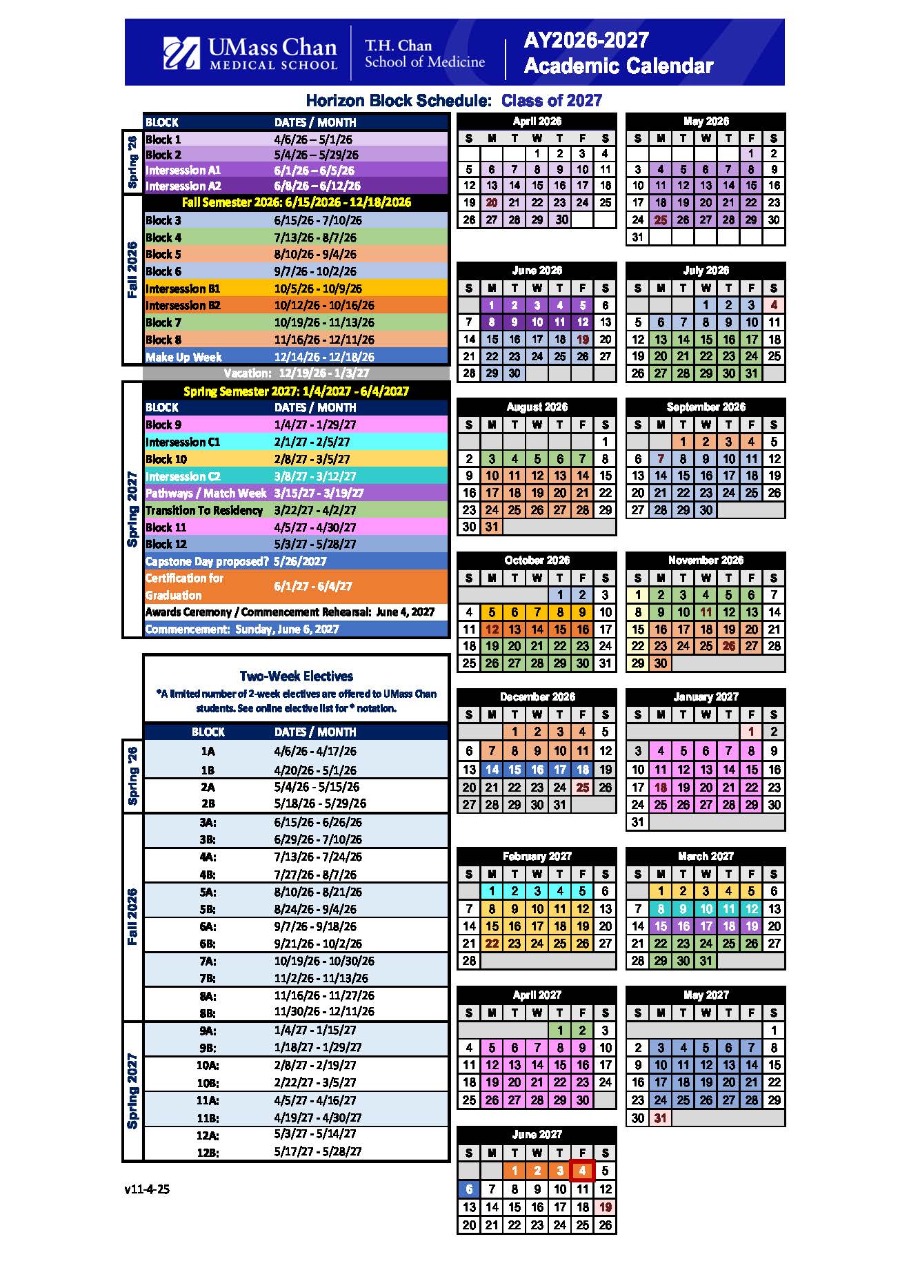 2026-2027 Academic Year Block Schedule