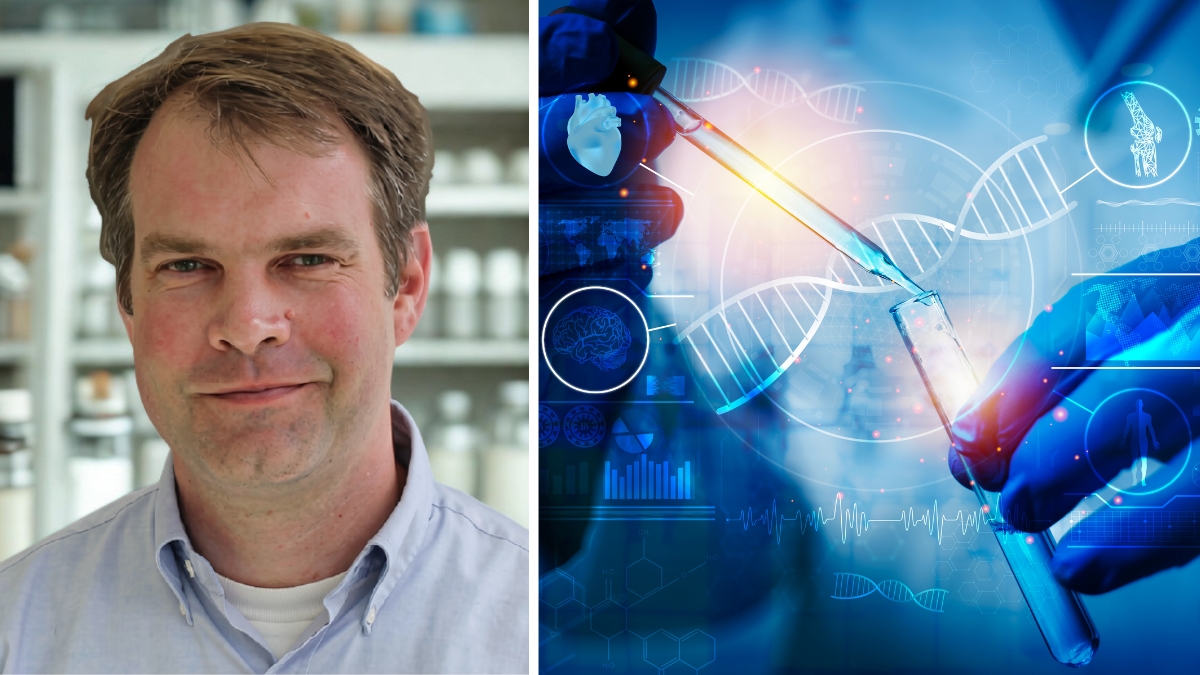Headshot of Dr. Rene Maehr next to DNA strand