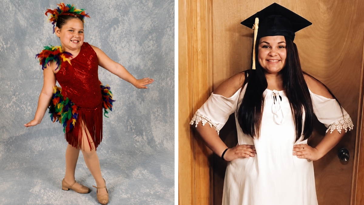 Azlynn Prunier, side by side photos, as a child dancing and as a high school graduate