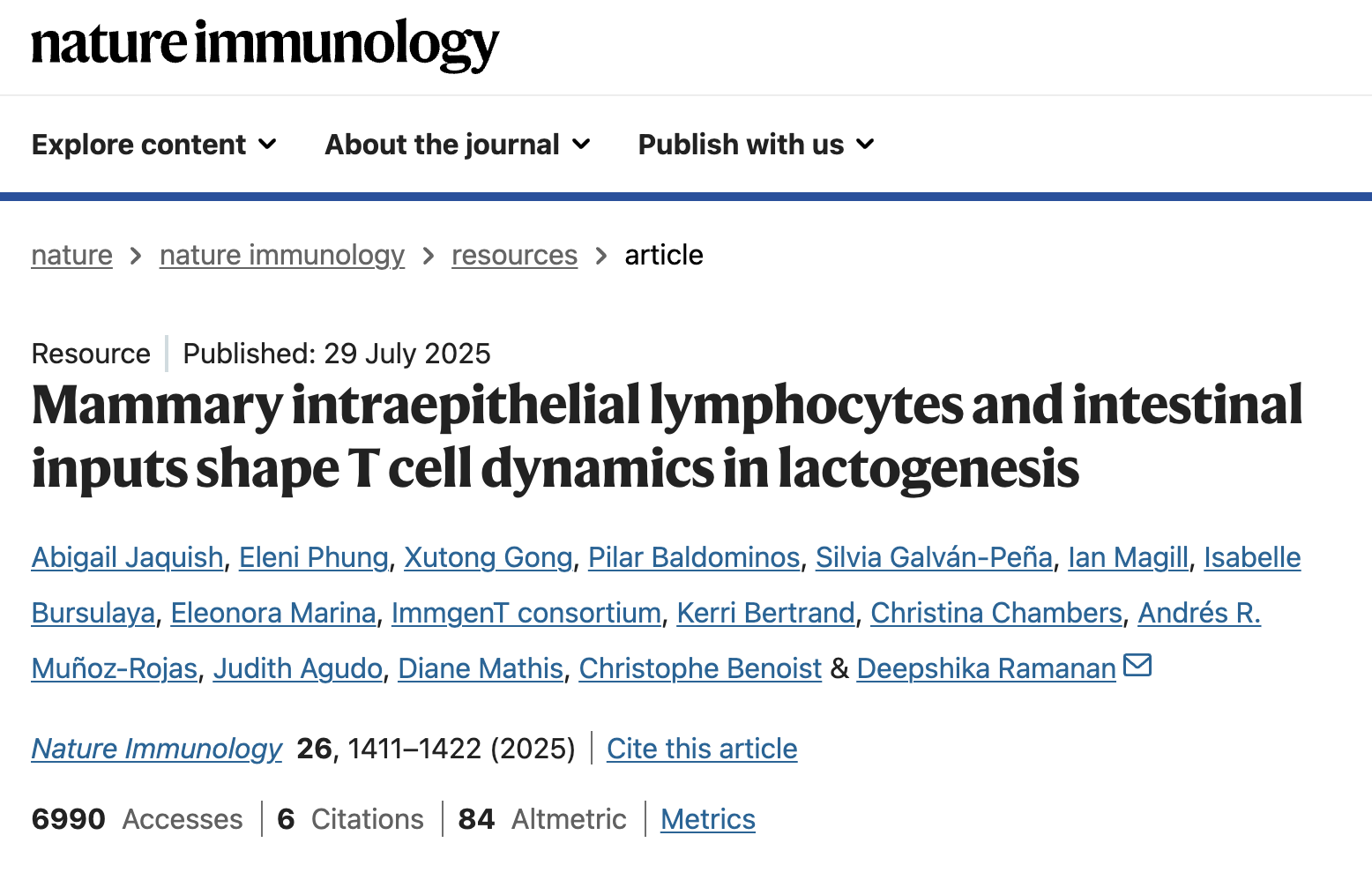 Screenshot of a Nature Immunology paper with title "Mammary intraepithelial lymphocytes and intestinal inputs shape T cell dynamics in lactogenesis"