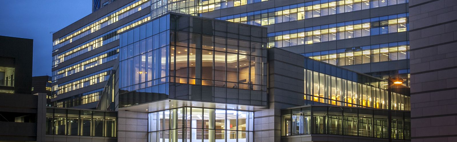 View of a building at night on UMass Chan Campus