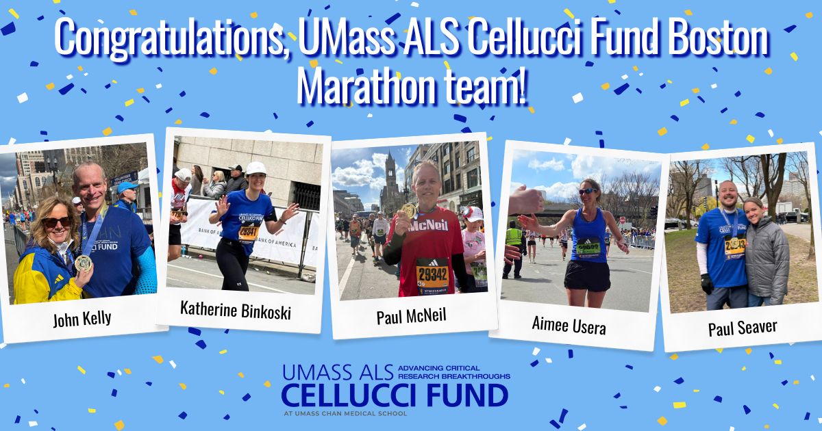 Graphic with the words Congratulations, UMass ALS Cellucci Fund Boston Marathon team! featuring photos of this year's team.