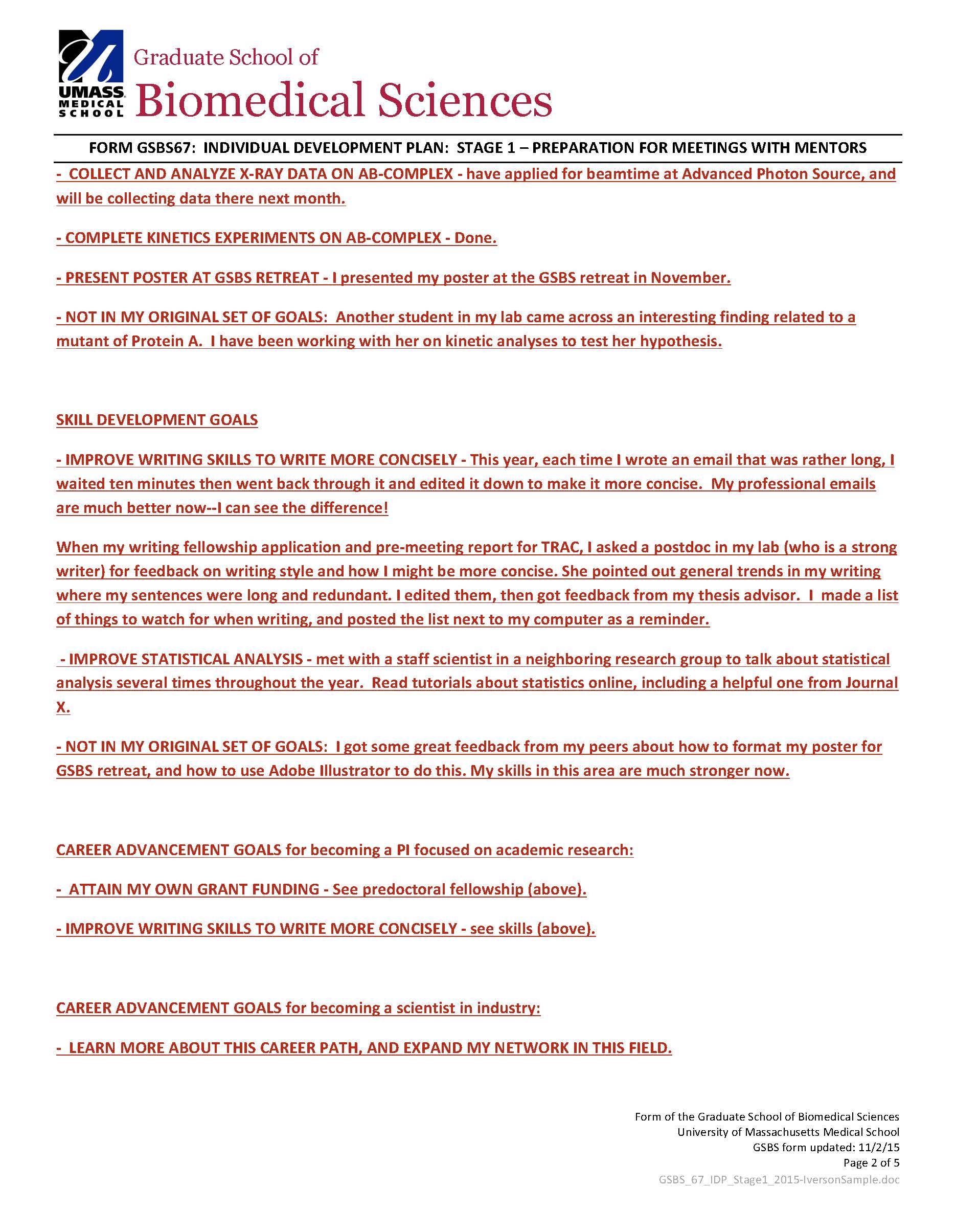 Page 2 of example IDP, showing form student would fill out to document their progress.