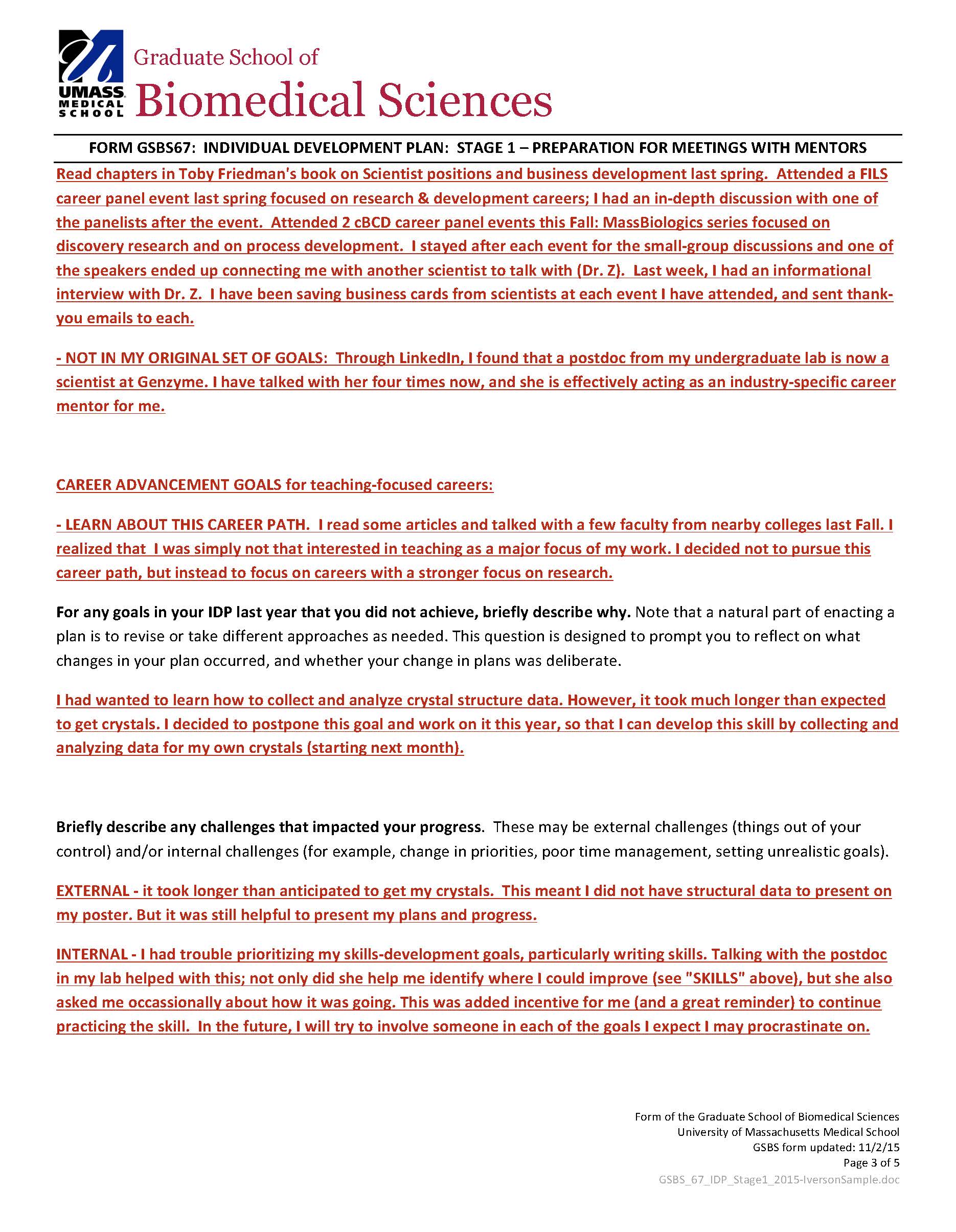 Page 3 of example IDP reporting student progress.