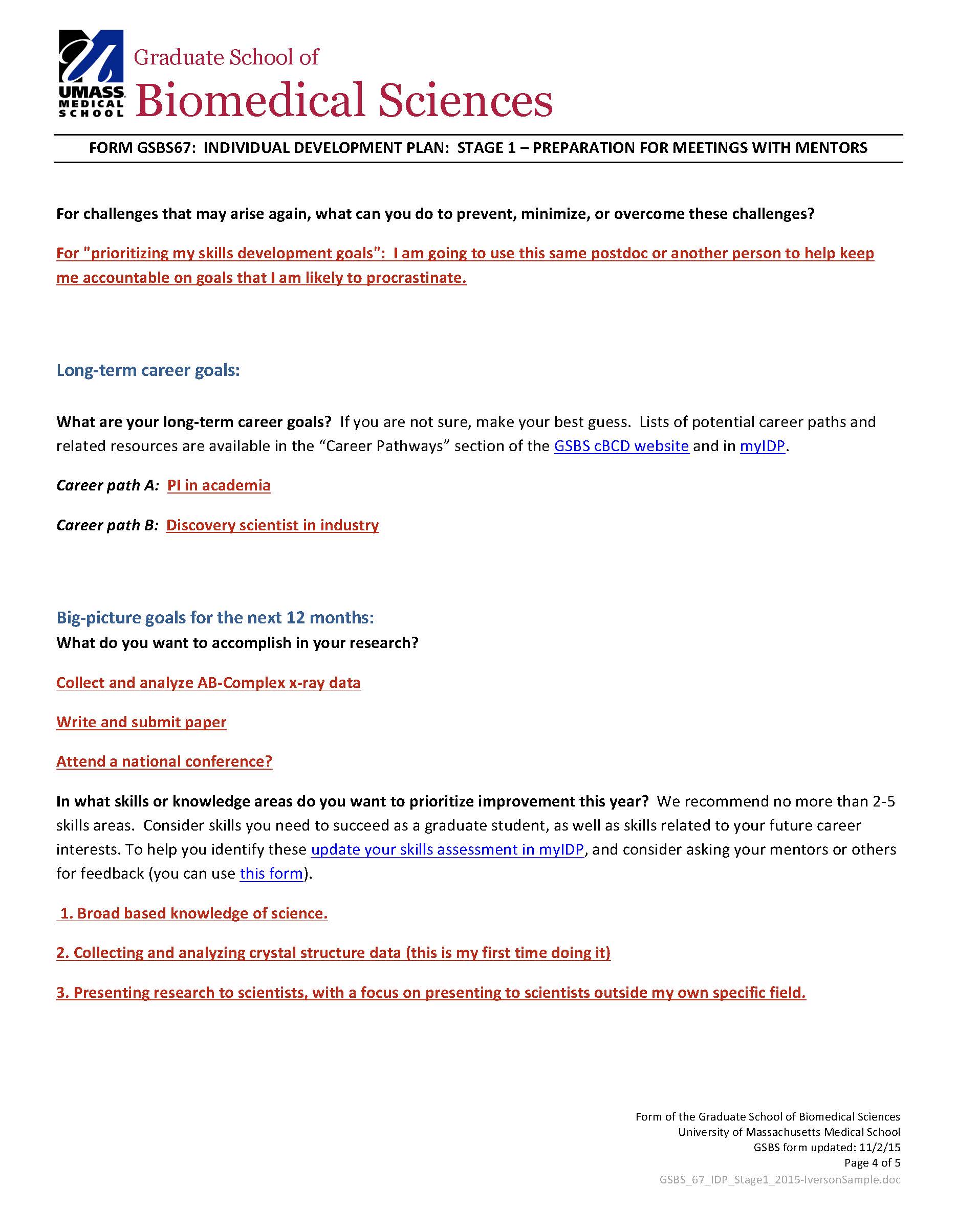 Page 3 of the GSBS IDP stage 1 form, where participants write their long-term career goals and progress toward prior project and skills goals.