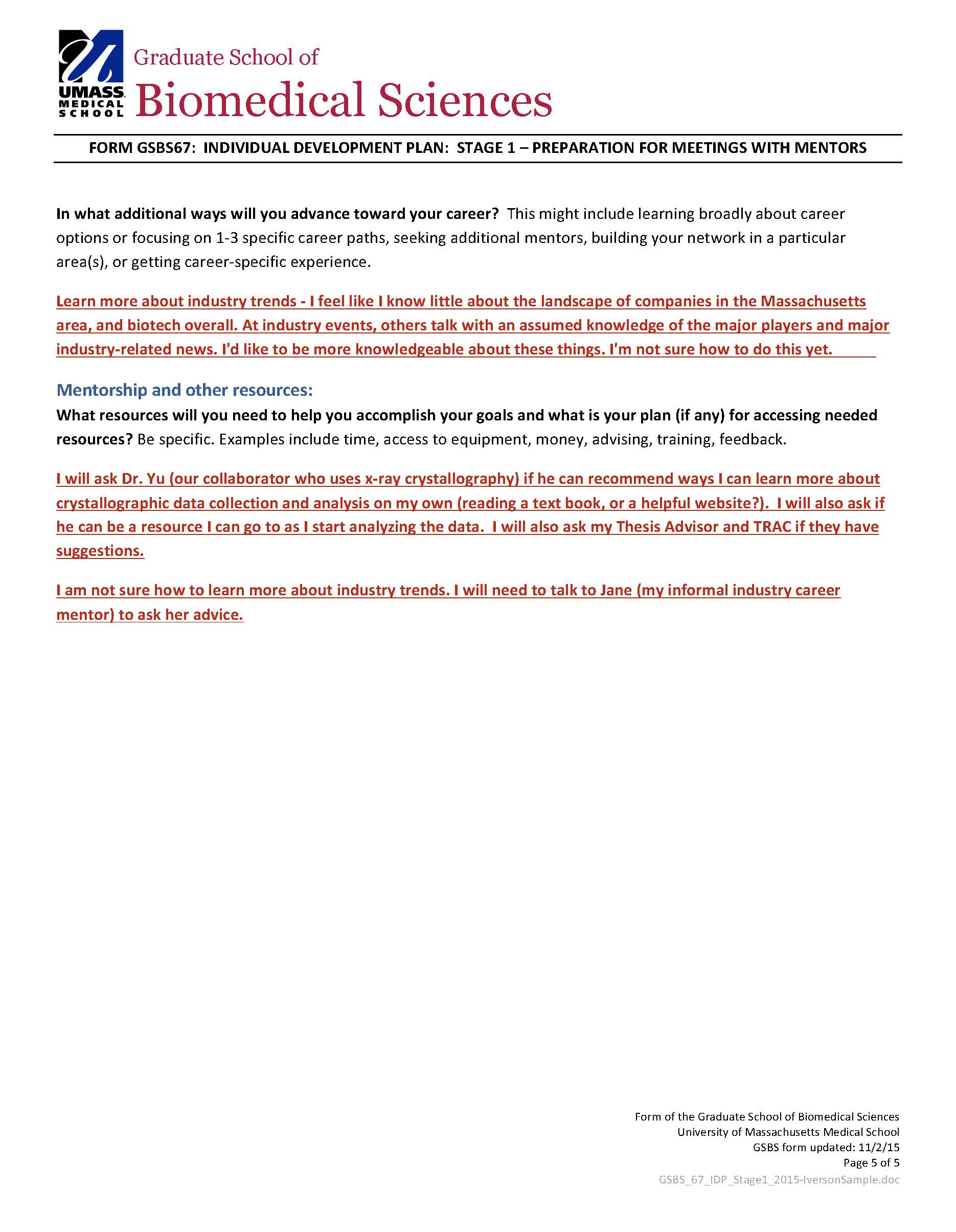 Page 4 of GSBS IDP Stage 1 form, where participants write about progress for career development goals, challenges, and resources needed.