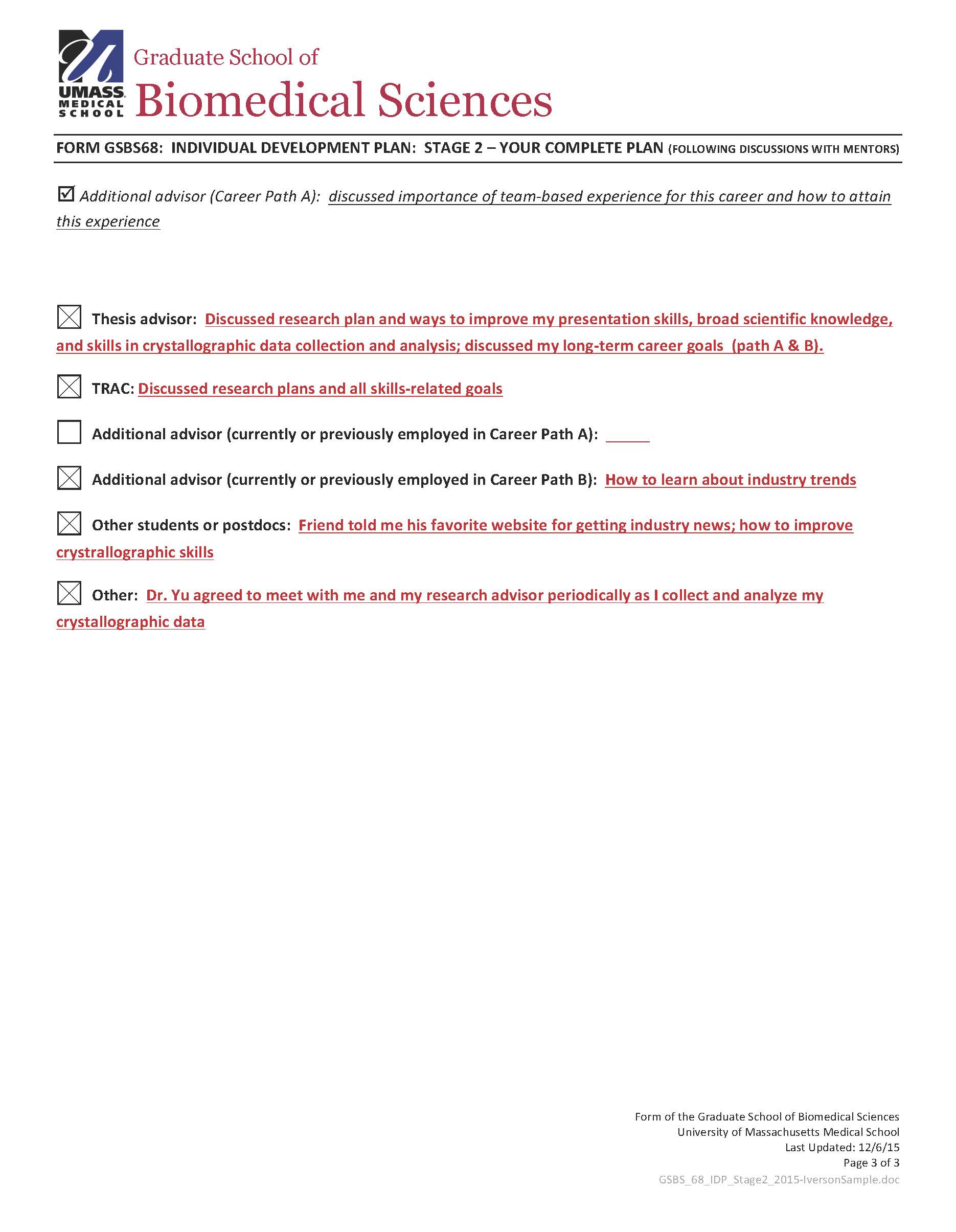 Page 3 of the IDP form. Here, the individual marks boxes beside the types of mentors they have had.