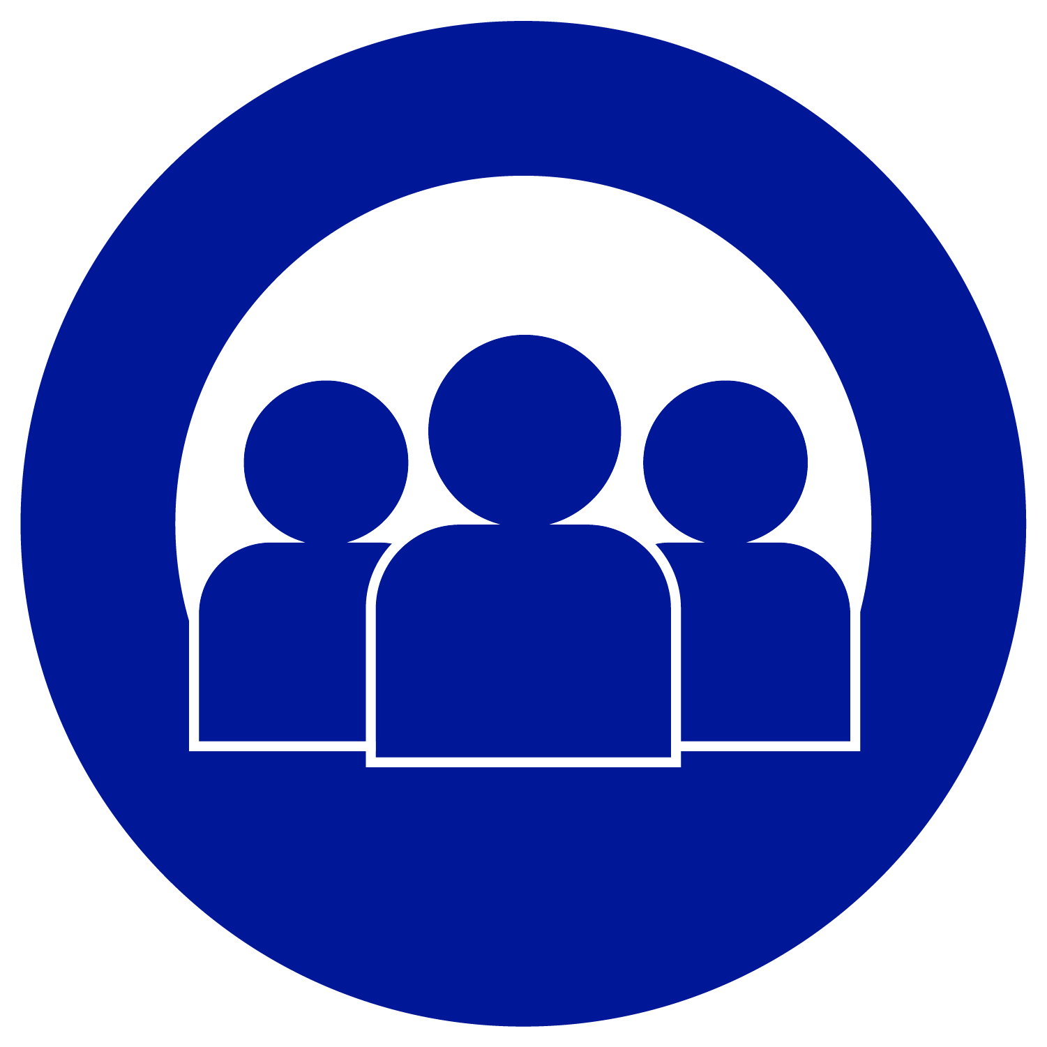 circular blue icon with three figures, representing a team of people