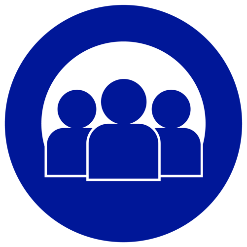 circular blue icon with three figures, representing a team of people