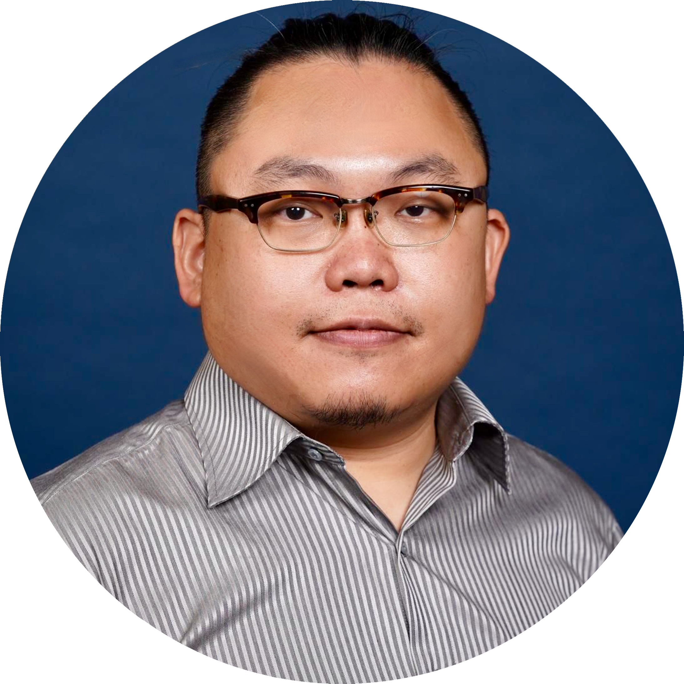 A headshot of Meng-Ju Wu, wearing glasses and a neatly trimmed goatee, wearing a striped shirt, set against a solid blue background