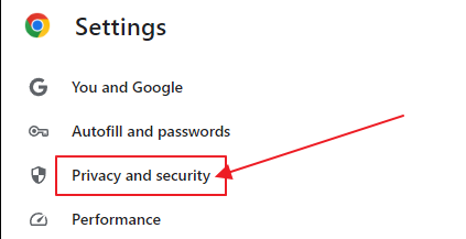 Chrome settings menu highlighting privacy and security settings