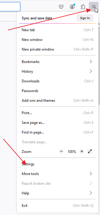 Firefox browser menu