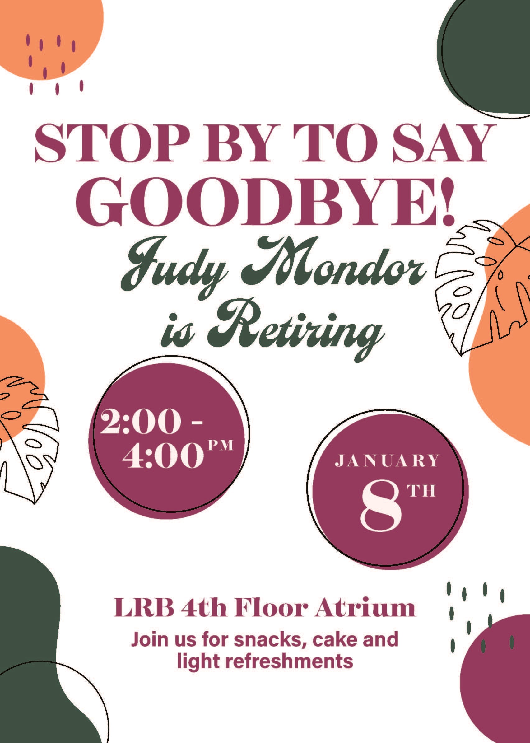  Flyer announcing Judy Mondor's retirement celebration.