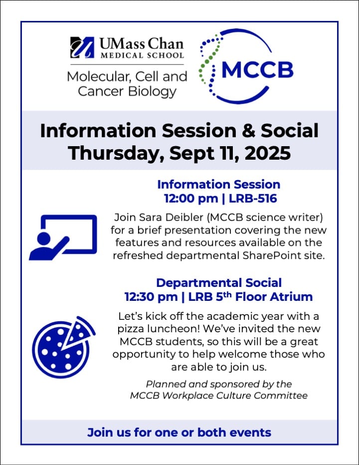 Flyer announcing a departmental pizza luncheon to welcome new MCCB students at the start of the academic year.