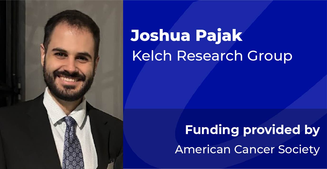 A researcher in formal attire stands beside a blue information panel displaying the text: “Joshua Pajak, Kelch Research Group. Funding provided by American Cancer Society.”