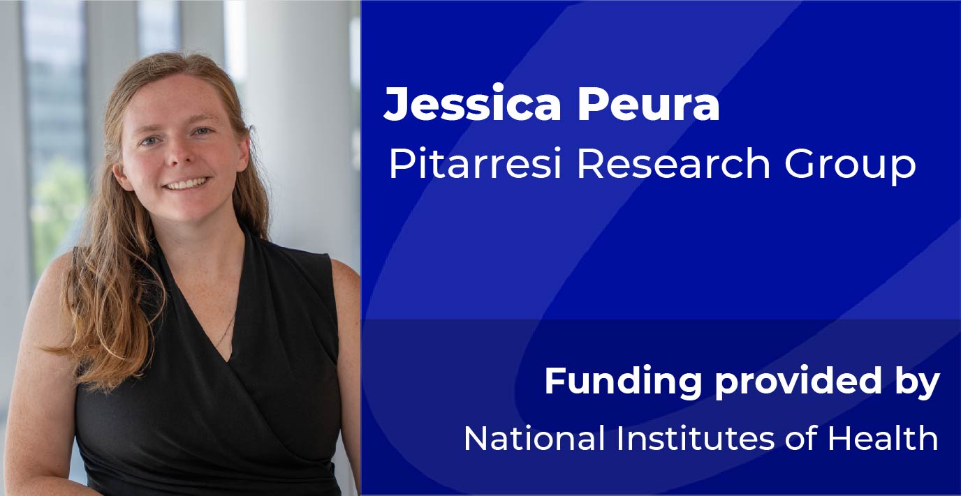 Researcher standing indoors next to a graphic panel displaying the text: “Jessica Peura, Pitarresi Research Group. Funding provided by National Institutes of Health.”