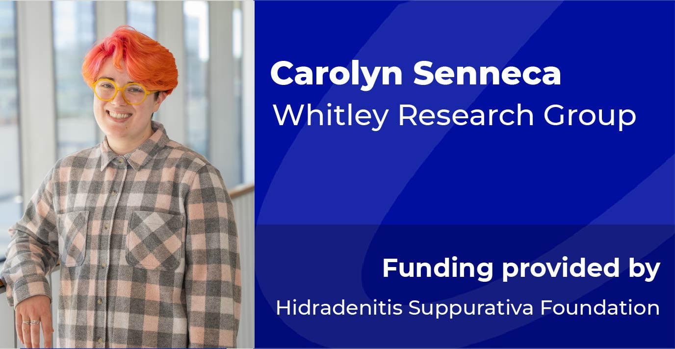 A researcher stands beside a blue information panel displaying the text: “Carolyn Senneca, Whitley Research Group. Funding provided by Hidradenitis Suppurativa Foundation.”