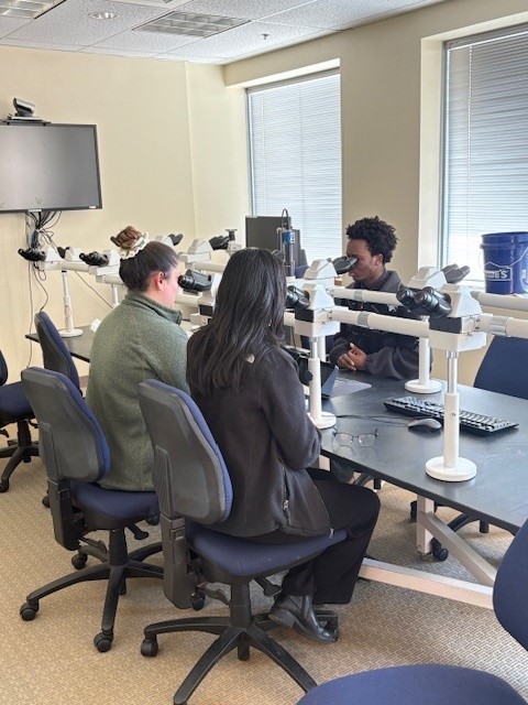Worcester North High School Interns 2025-2026 are reviewing cytology cases with one of the UMass Chan cytotechnologists.