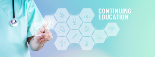 graphic of a physician choosing from a menu of continuing education specialties 