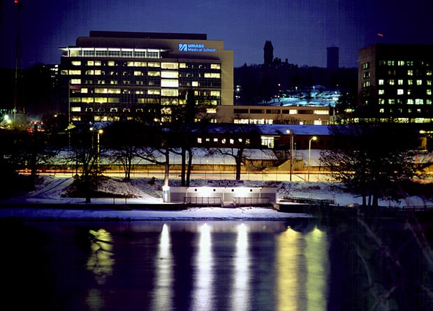 UMass view from lake at night