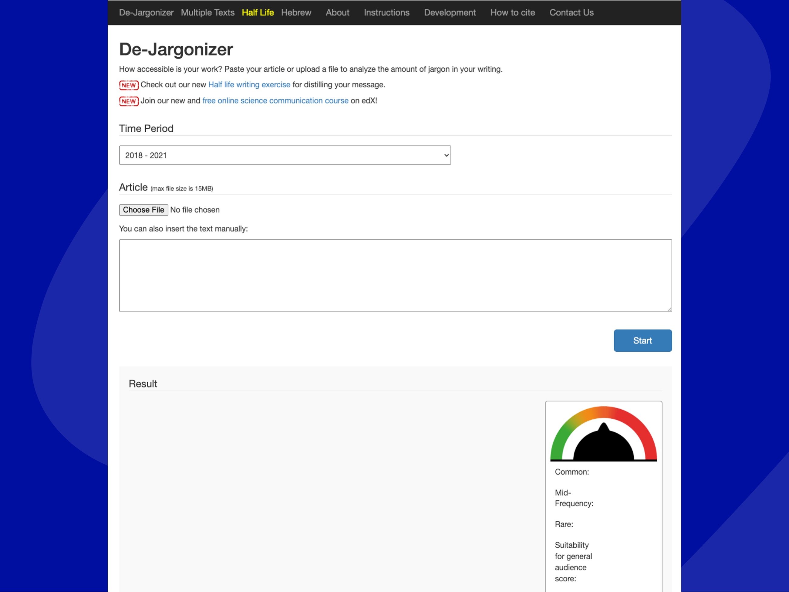 Screenshot of the de-jargonizer website homepage