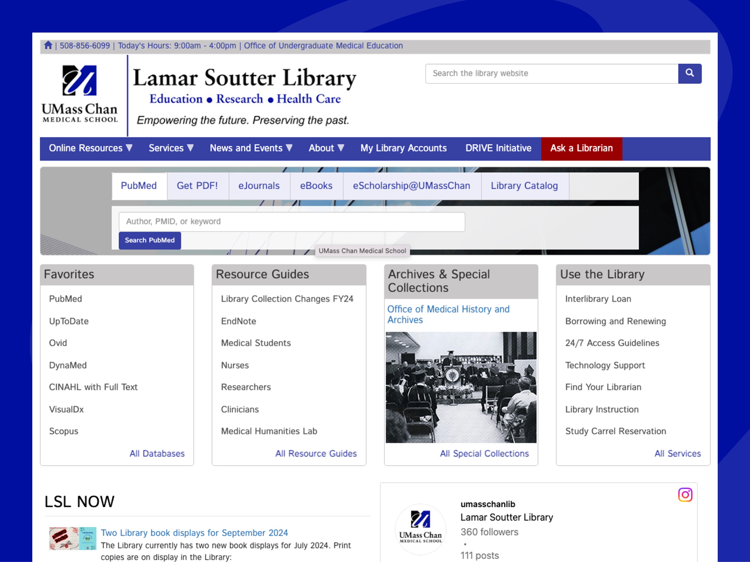 screenshot of the library website homepage