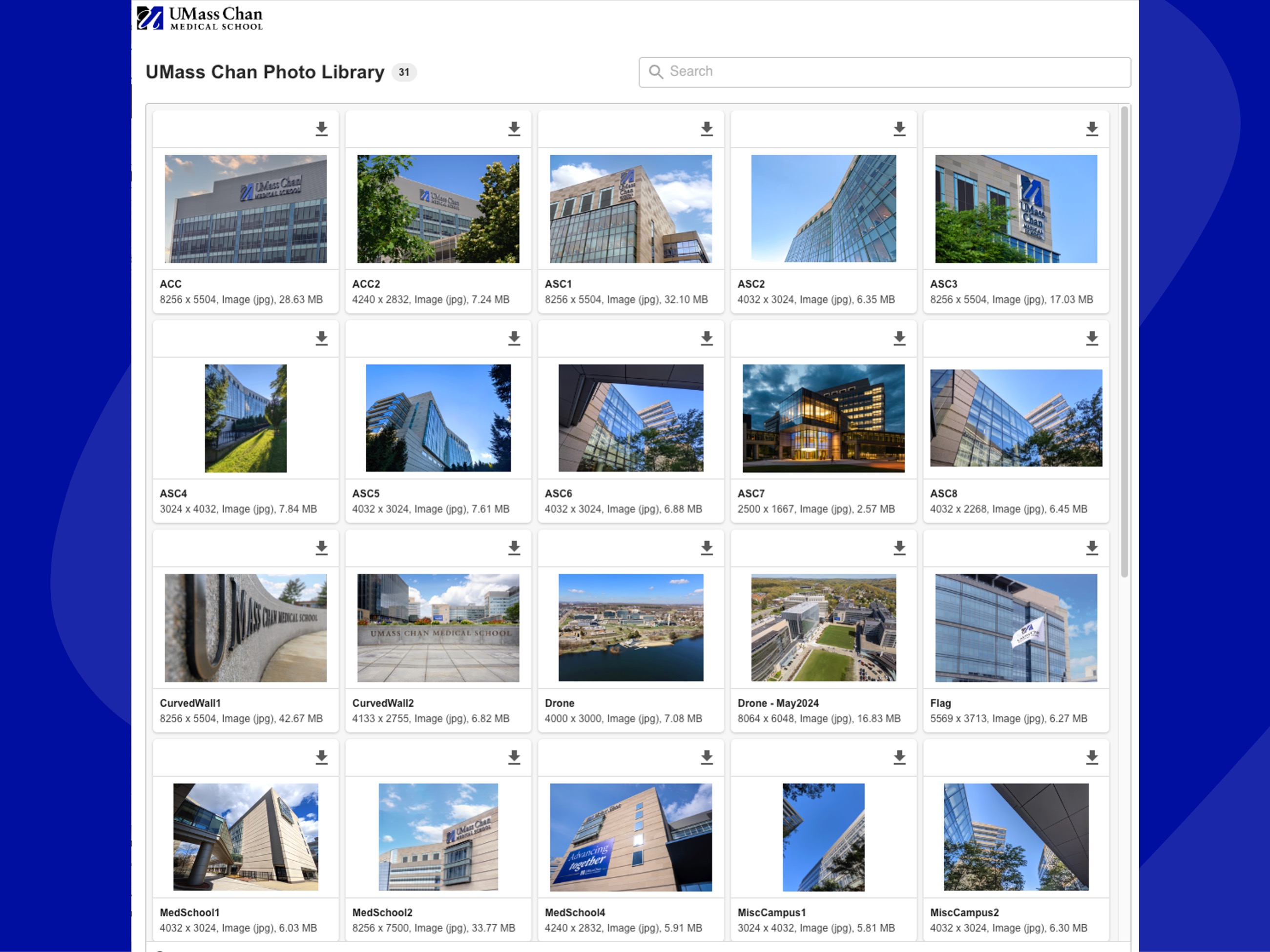 Screenshot of the UMass Chan Photo Library webpage