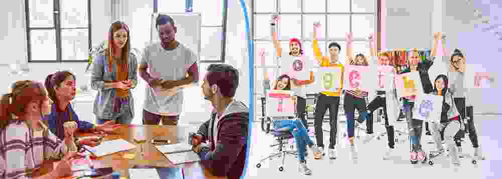 left side group of diverse young adults in a board room brainstorming. right side group of young adults holding letter signs that spell together