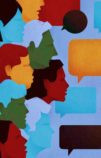 Diverse people head with talk bubbles