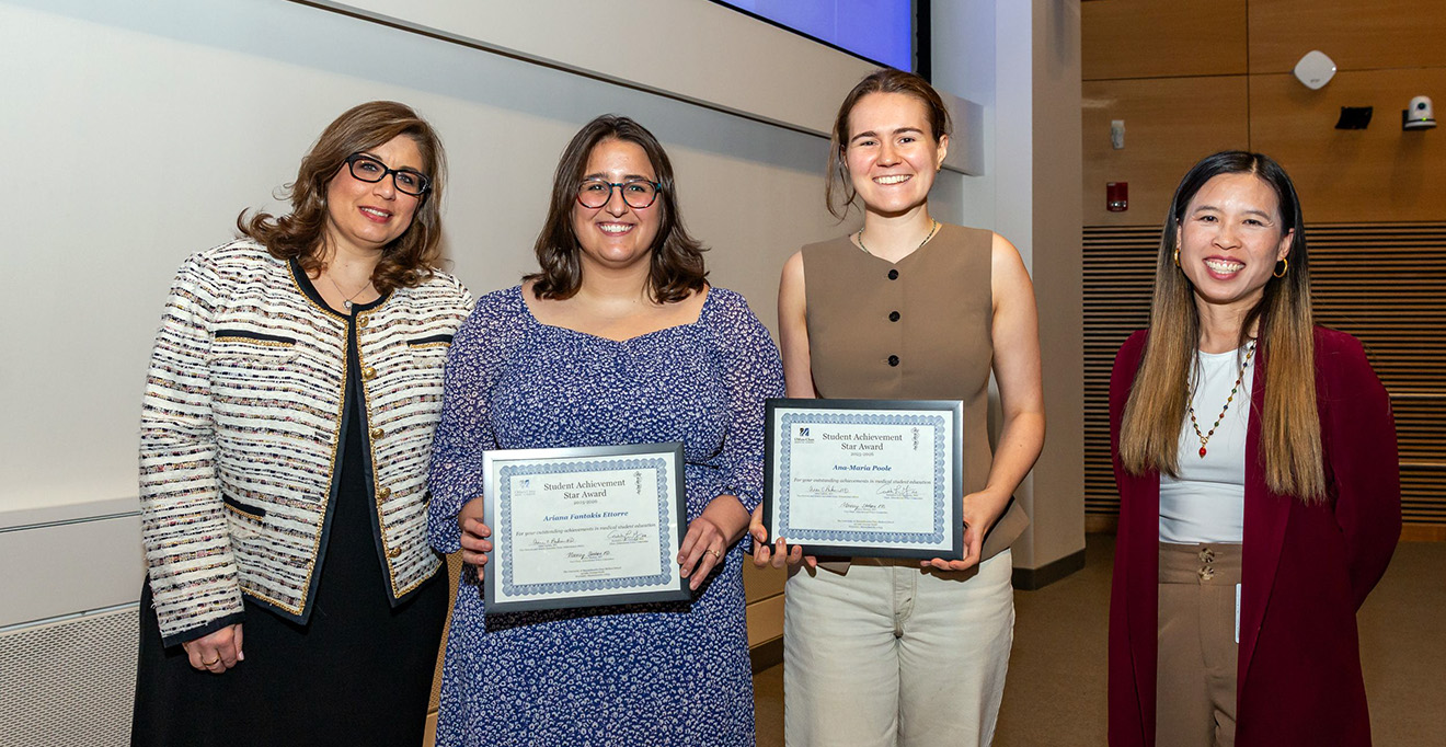 From left: Lela Giannaris, PhD; medical students Ariana Fantakis Ettore and Ana-Maria Poole; and Nancy Skehan, MD&rsquo;06