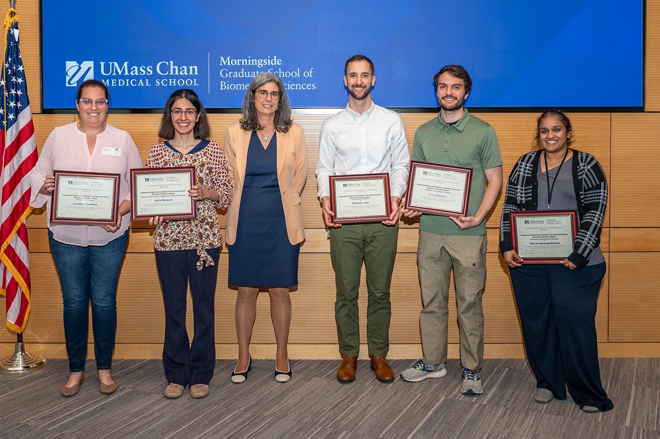 Five students received inaugural Director Awards; left to right: Lauren O&rsquo;Connor, Vista Sohrab, Mary Ellen Lane, PhD, Michael Lero, Dylan Doxsey and Pooja Parameswaran.
