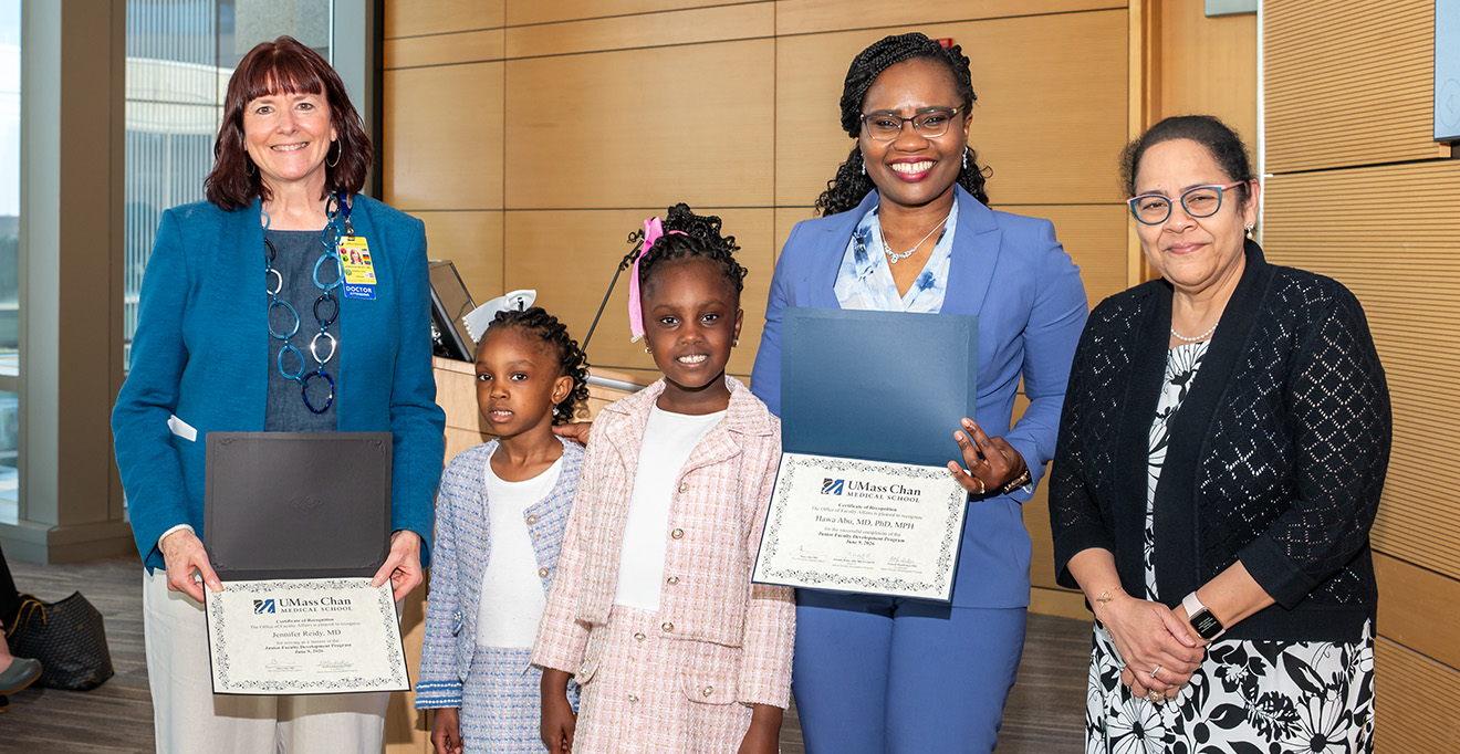 Hawa Abu, MD, PhD&rsquo;19, MPH, with her two daughters, next to Jennifer Reidy, MD (left); and Pranoti Mandrekar, PhD (right)