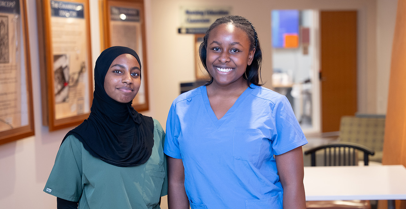 : Amina Mohamud and Candice Ntim, students at Worcester Technical High School, participated in the Day in the Life: OB-GYN program