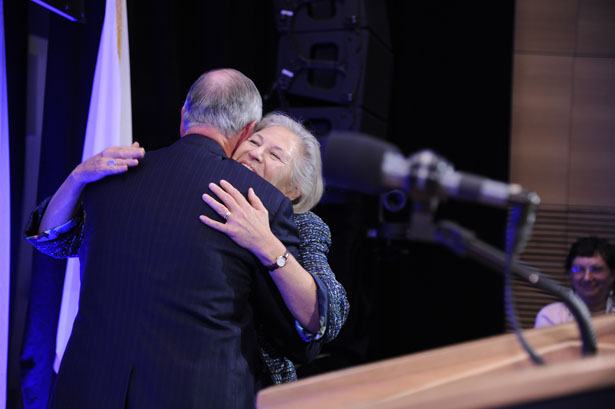 Chancellor Collins congratulates Michele Pugnaire, MD, as the recipient of the 2014 Chancellor’s Medal for Distinguished Service