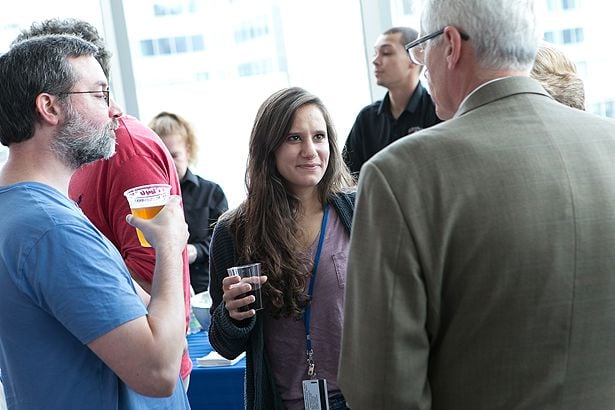 GSBS student Julia Alterman talks with Dean Carruthers.