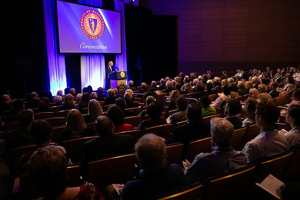 Chancellor Michael Collins gives his Convocation 2018 address to the audience in the Albert Sherman Center auditorium.